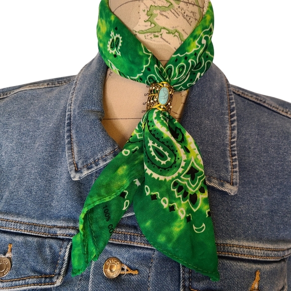 Hand-Crafted Bleached Out Tie-Dyed Cotton Bandanas - 1 Green, 1 Orange, 1 Ring - Picture 3 of 5